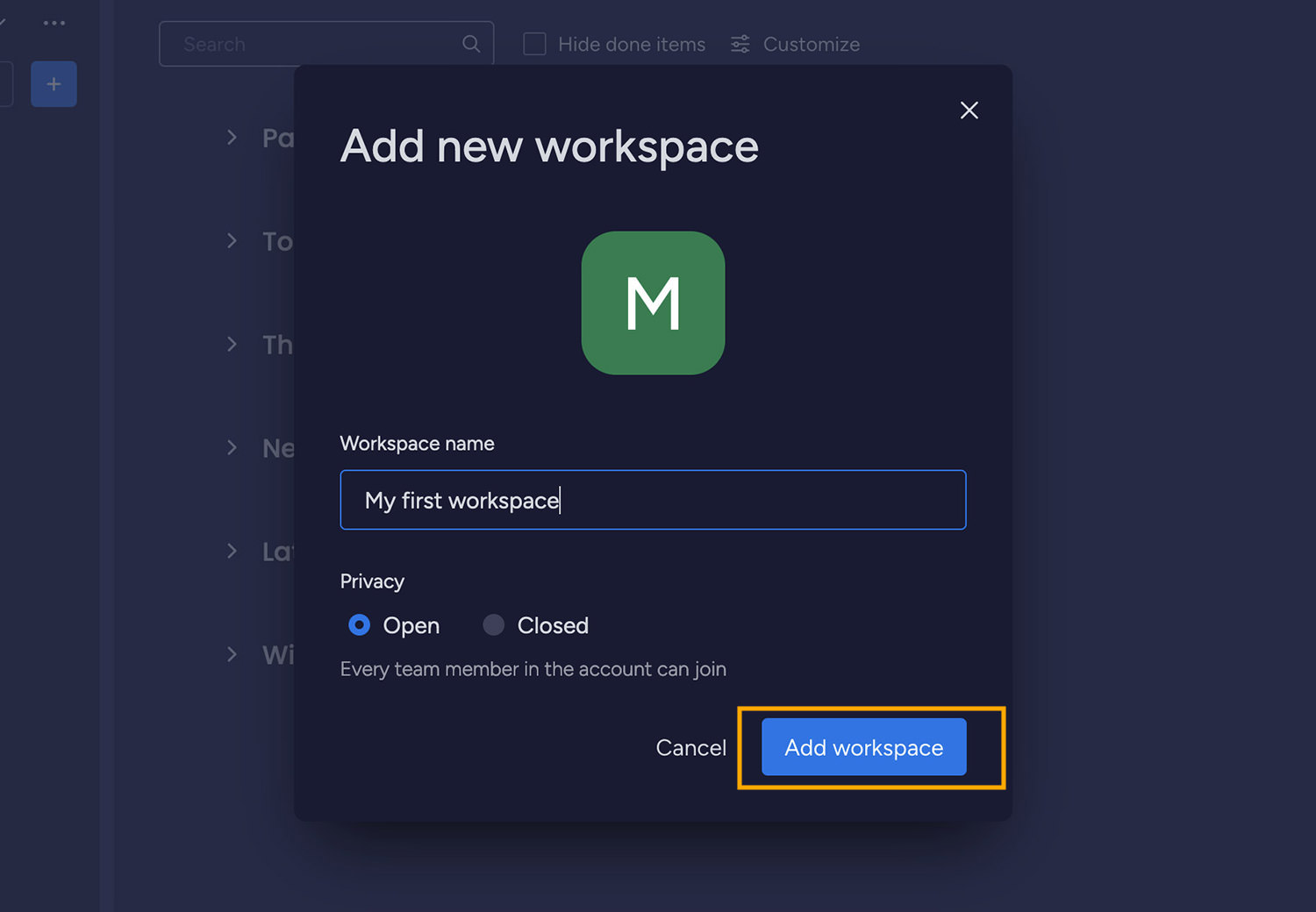 Naming your new workspace in monday.com