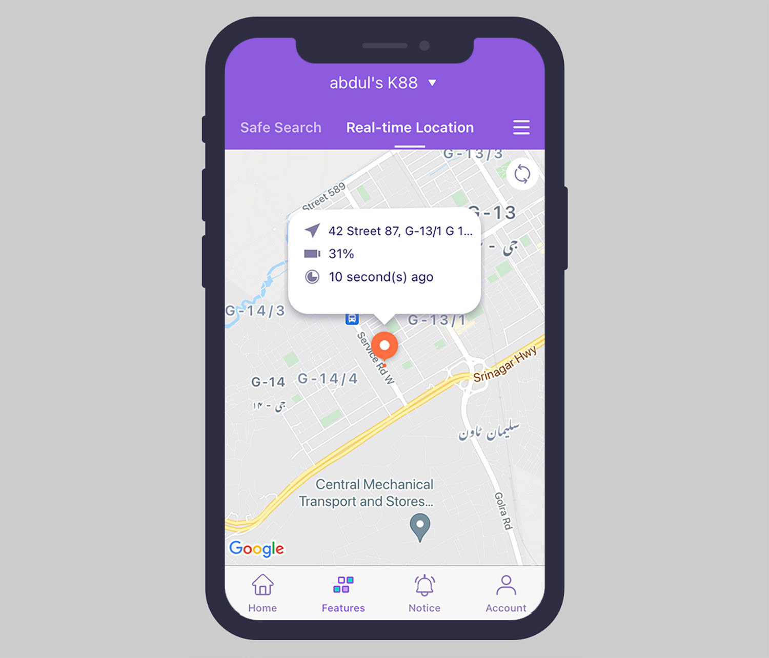 Real-time location tracking interface on FamiSafe