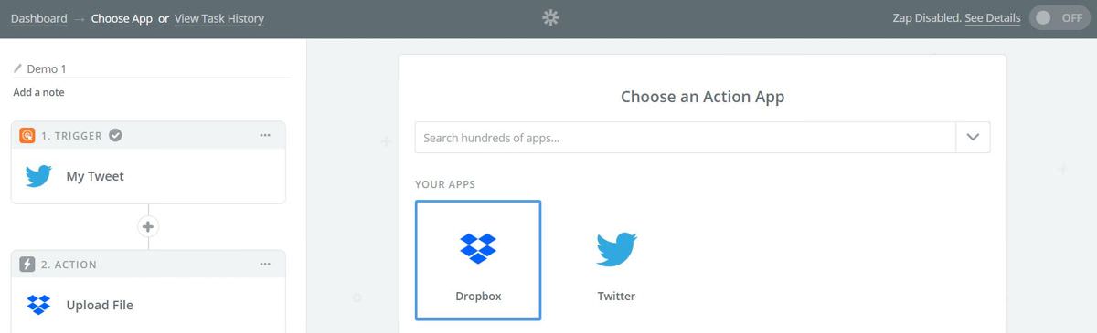 Choose an action app inside Zapier