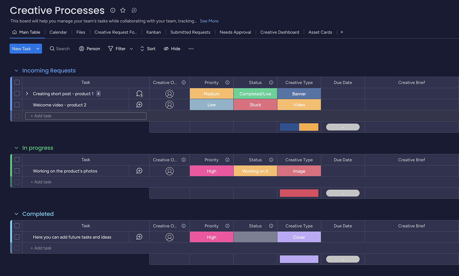 Creative Processes template on monday.com