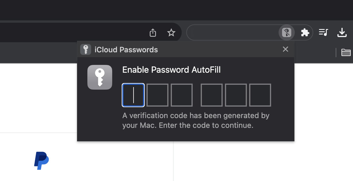 Prompt to enter verification code for iCloud Passwords extension