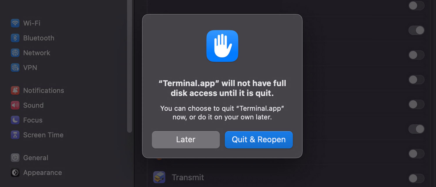 Mac settings for granting disk permissions to Terminal