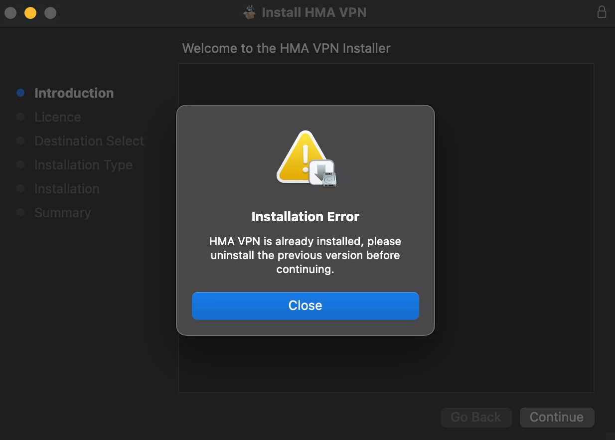 HMA VPN installation error message on Mac