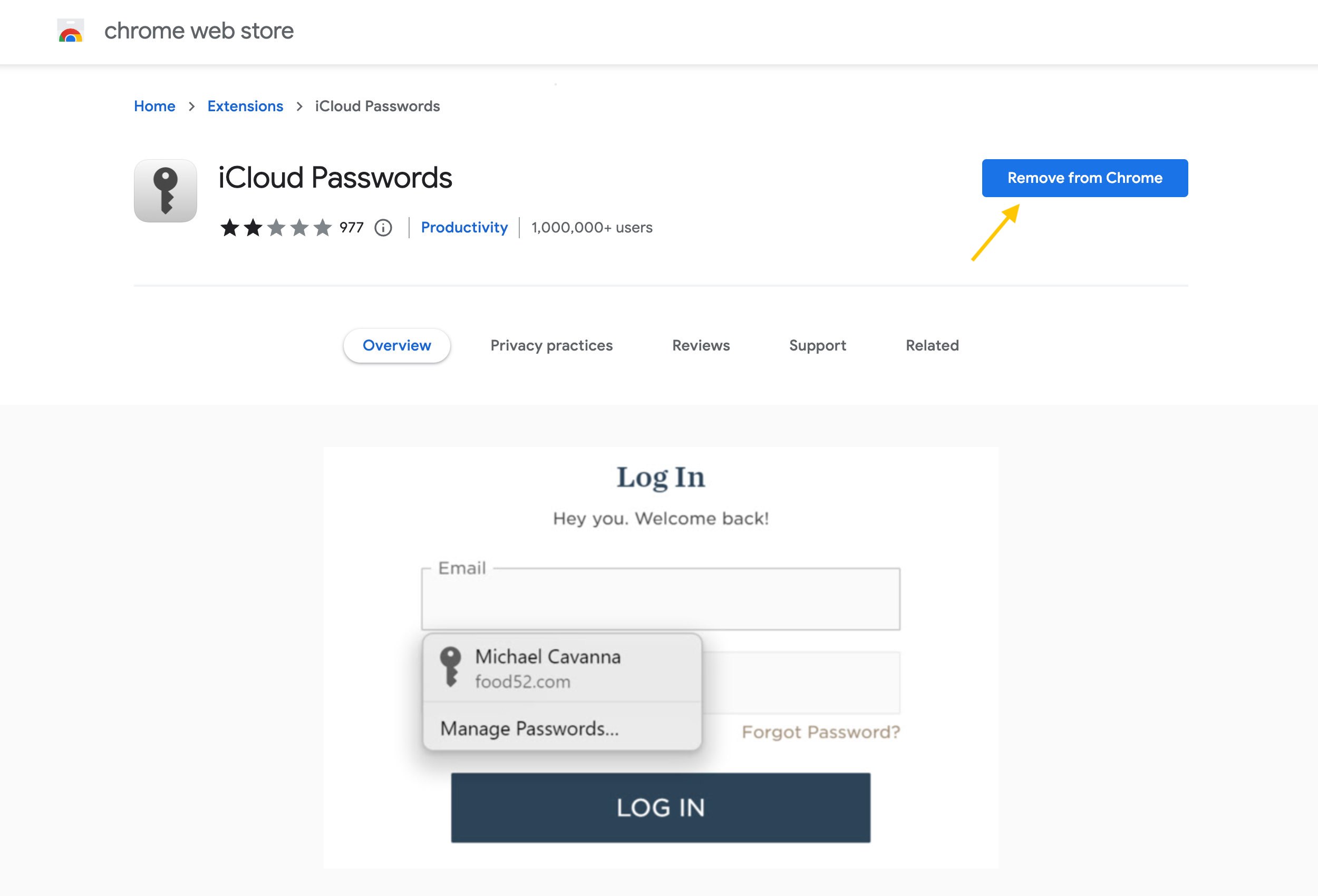 iCloud Passwords Chrome extension page