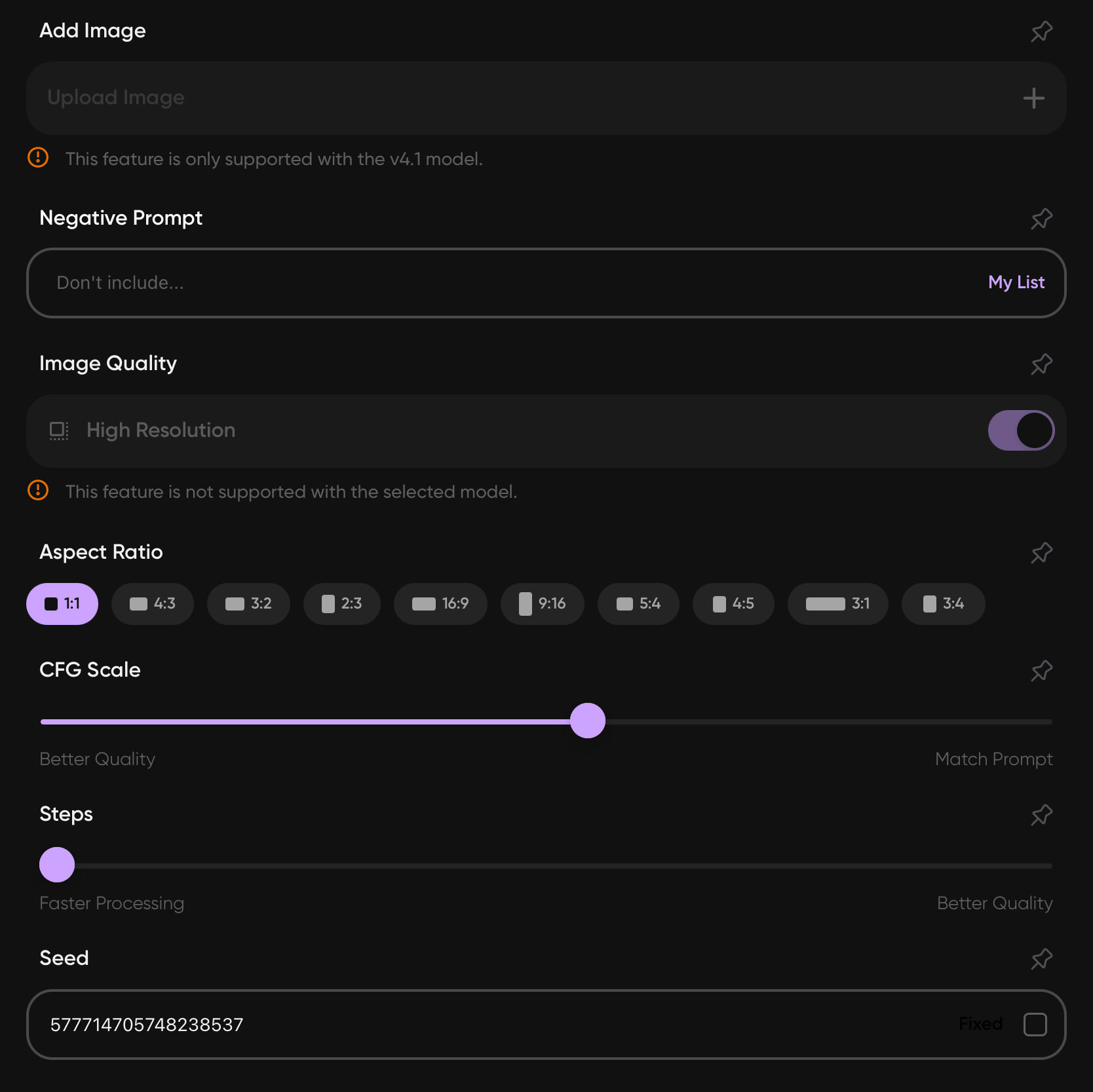 Advanced settings in Imagine AI Generator