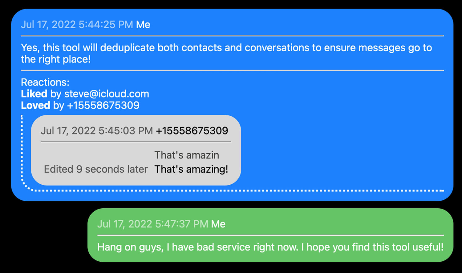 Chat histories exported with iMessager Exporter