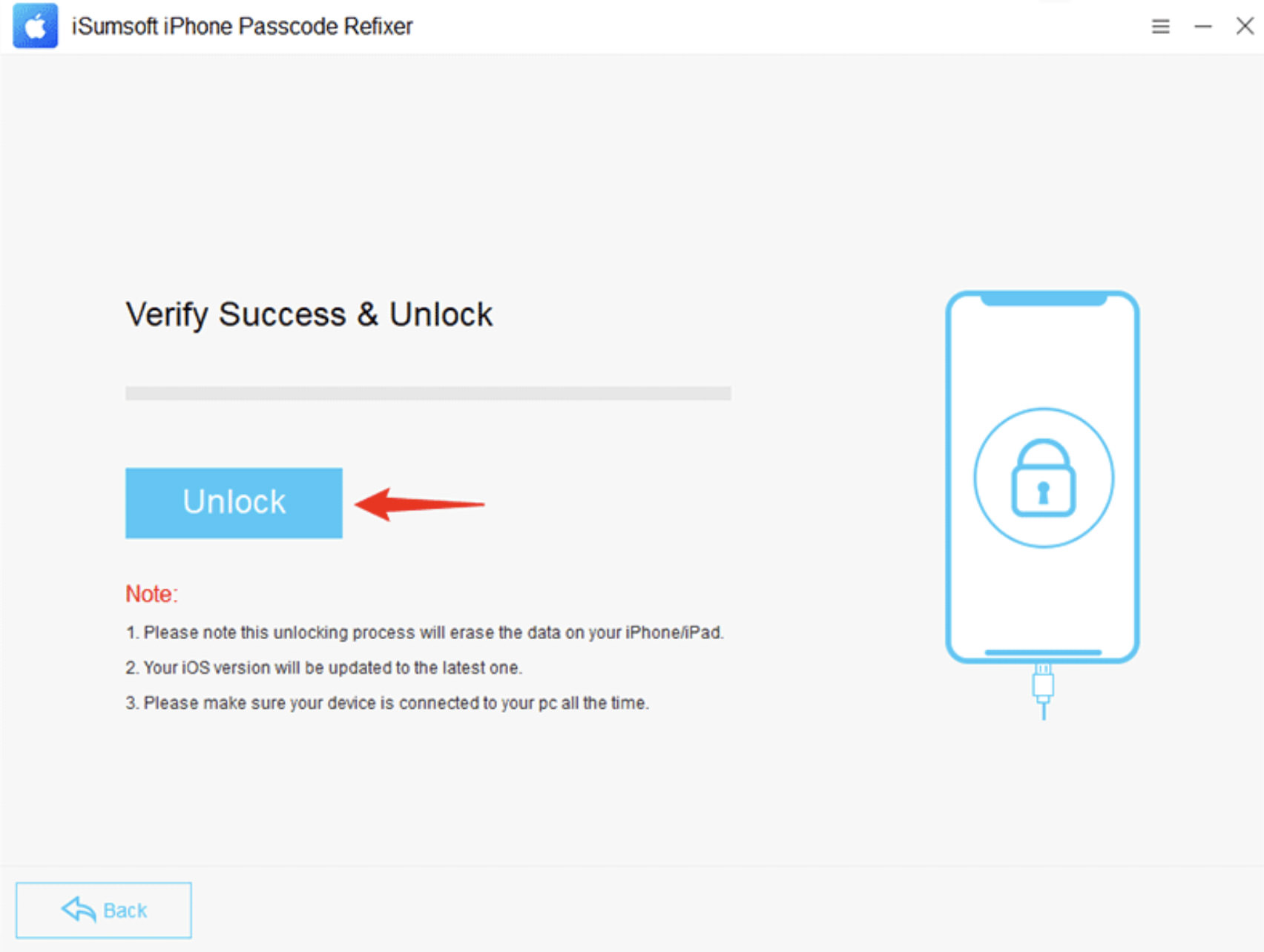 Screen showing 'Unlock' button highlighted, indicating start of unlocking process