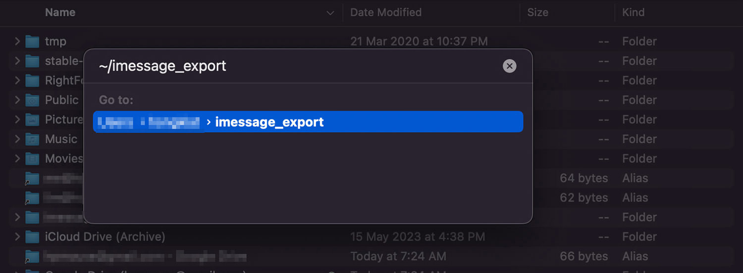 Finder window with path input for iMessage exports