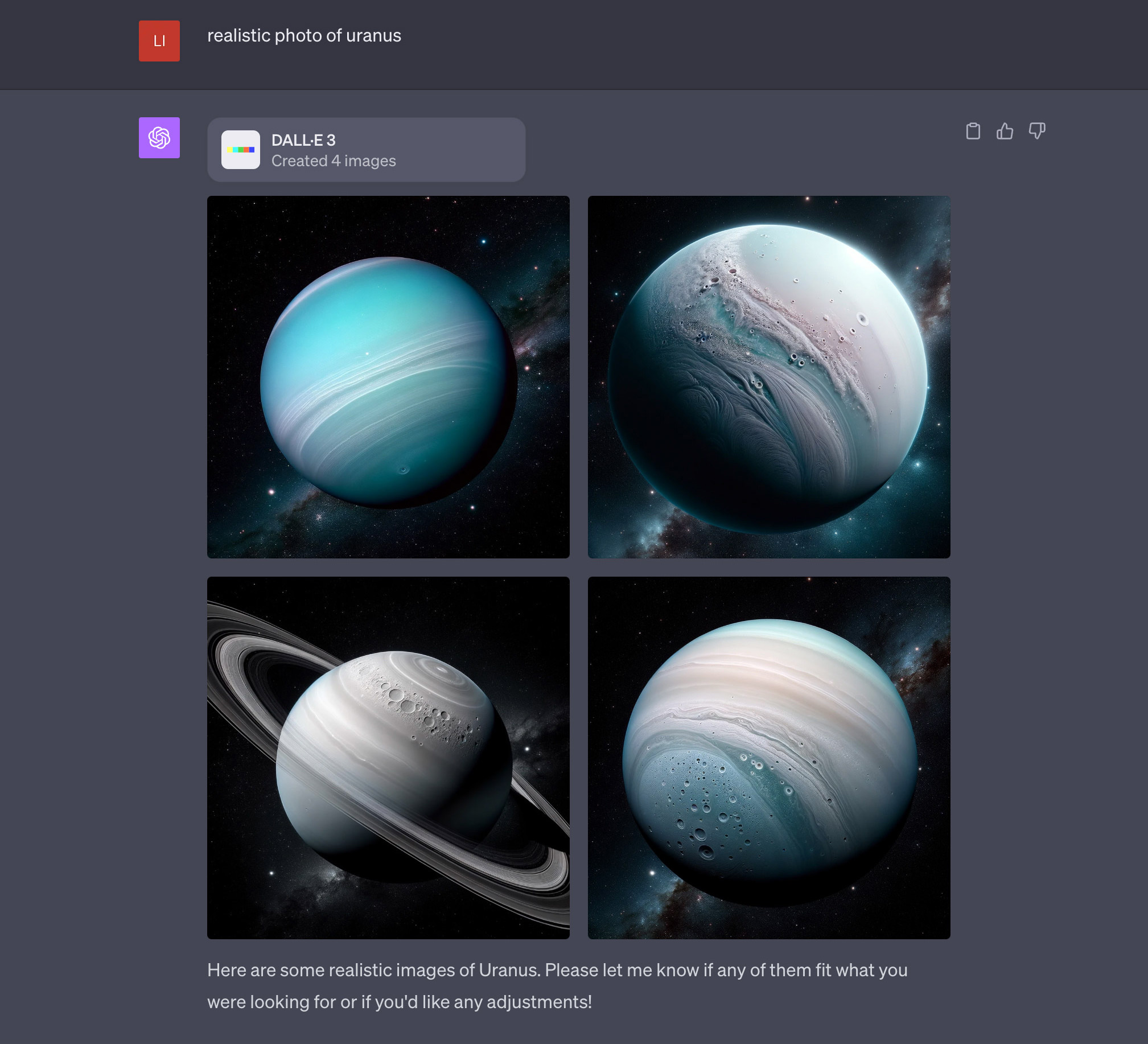 Four AI-generated images of Uranus