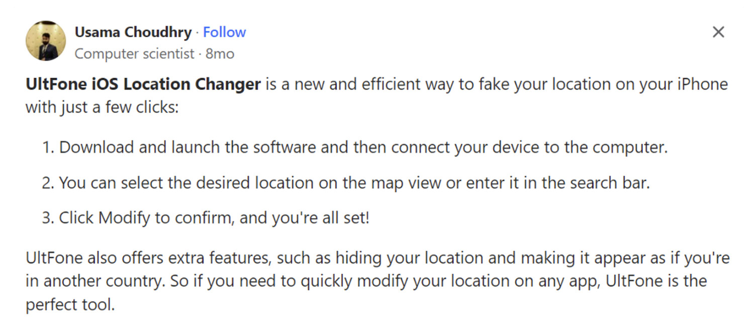 Quora screenshot recommending UltFone Location Changer
