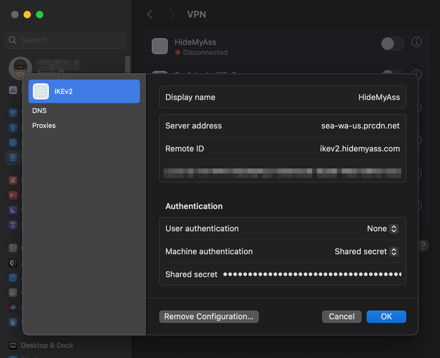 Mac VPN settings showing Remove Configuration option for HMA VPN