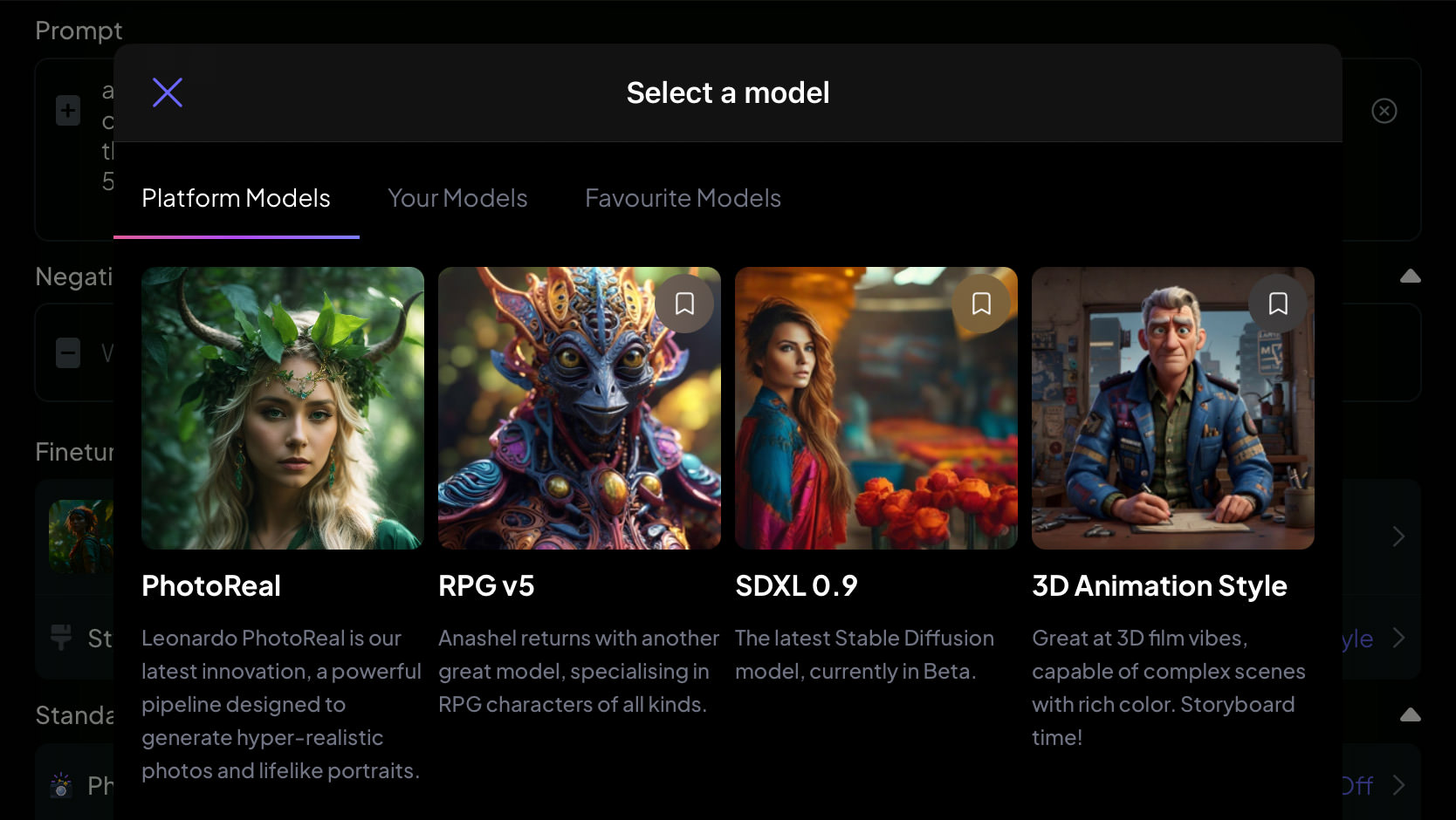 Model selection screen in Leonardo.ai