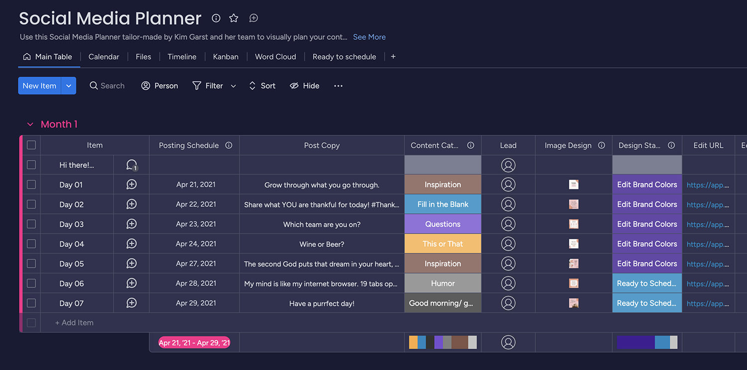 Social Media Planner template on monday.com