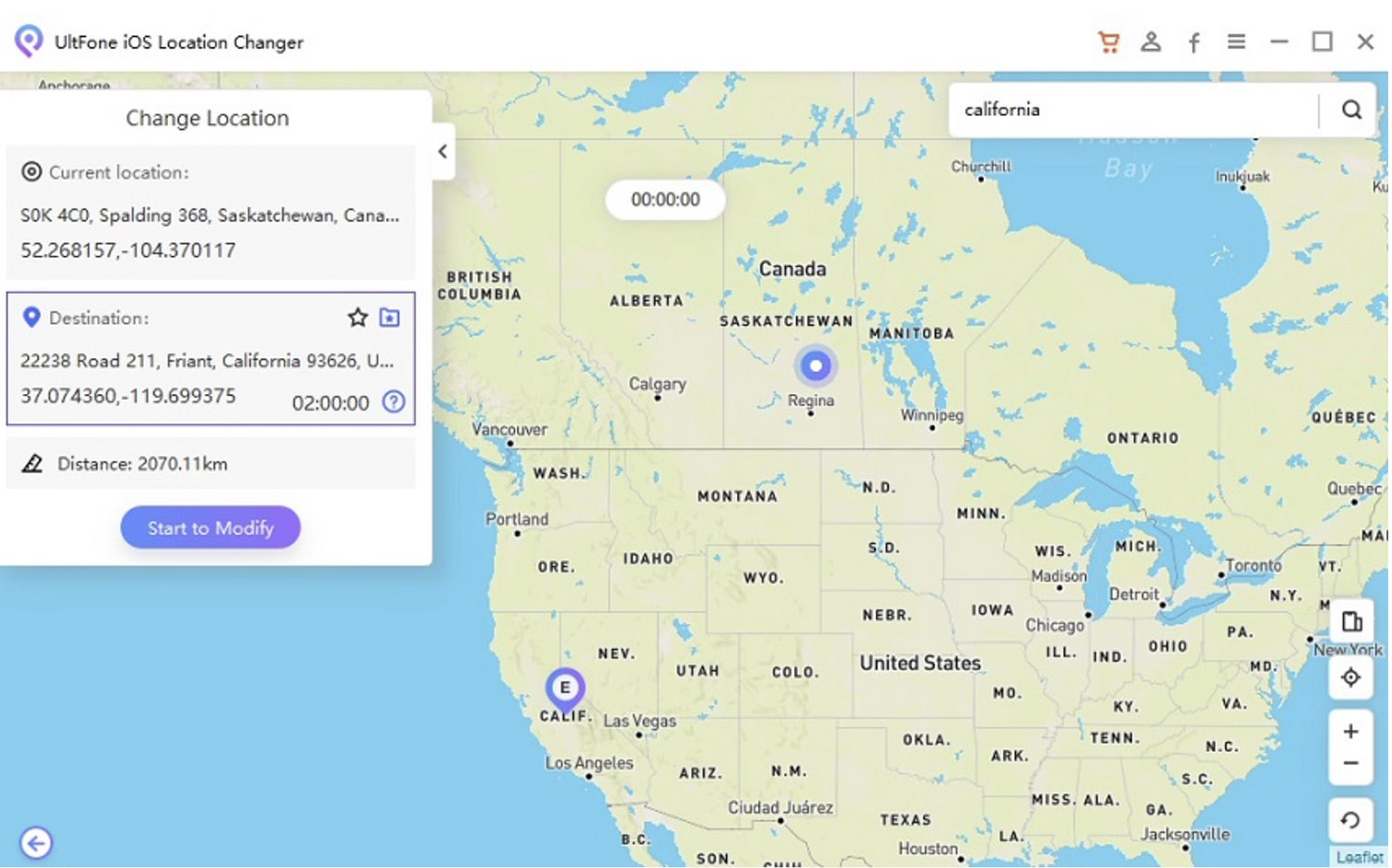 Screenshot of UltFone Location Changer interface